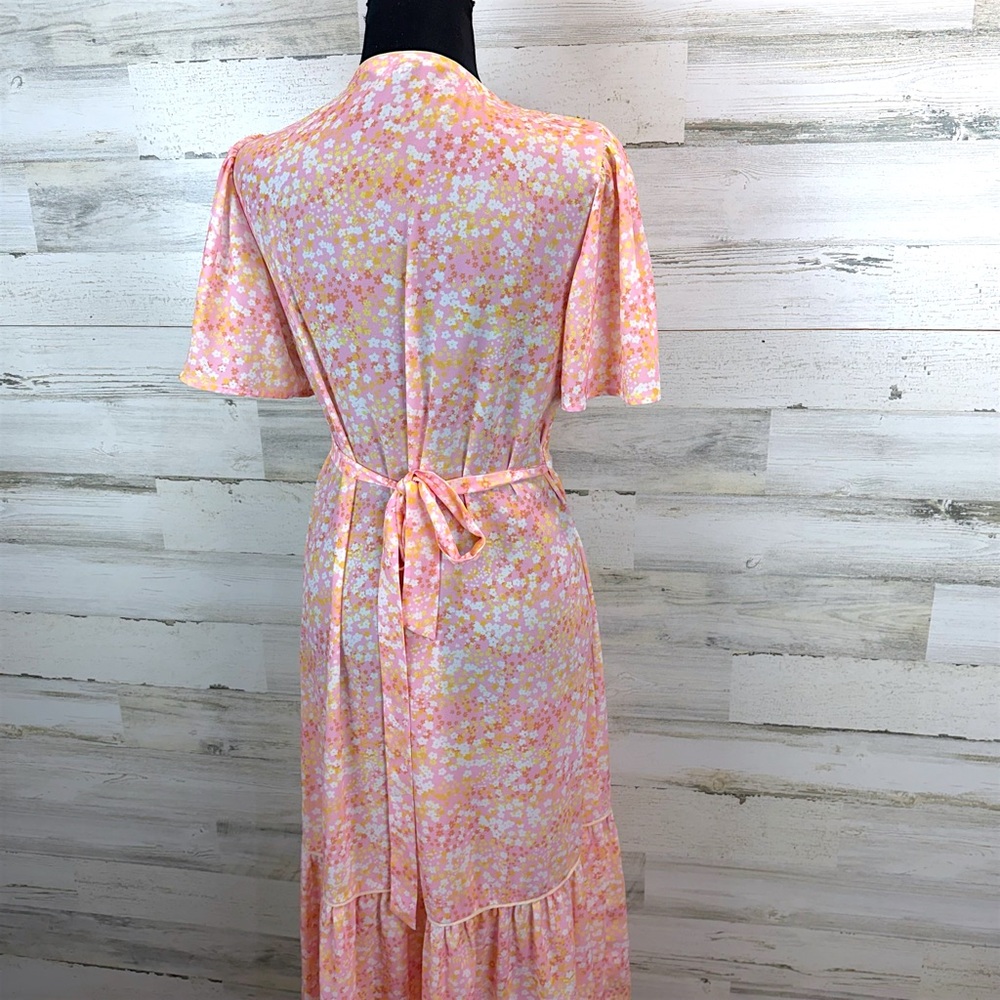 LaRoque Floral Wrap Midi Dress Pink Yellow Cottagecore Preppy Feminine Small - Picture 12 of 16